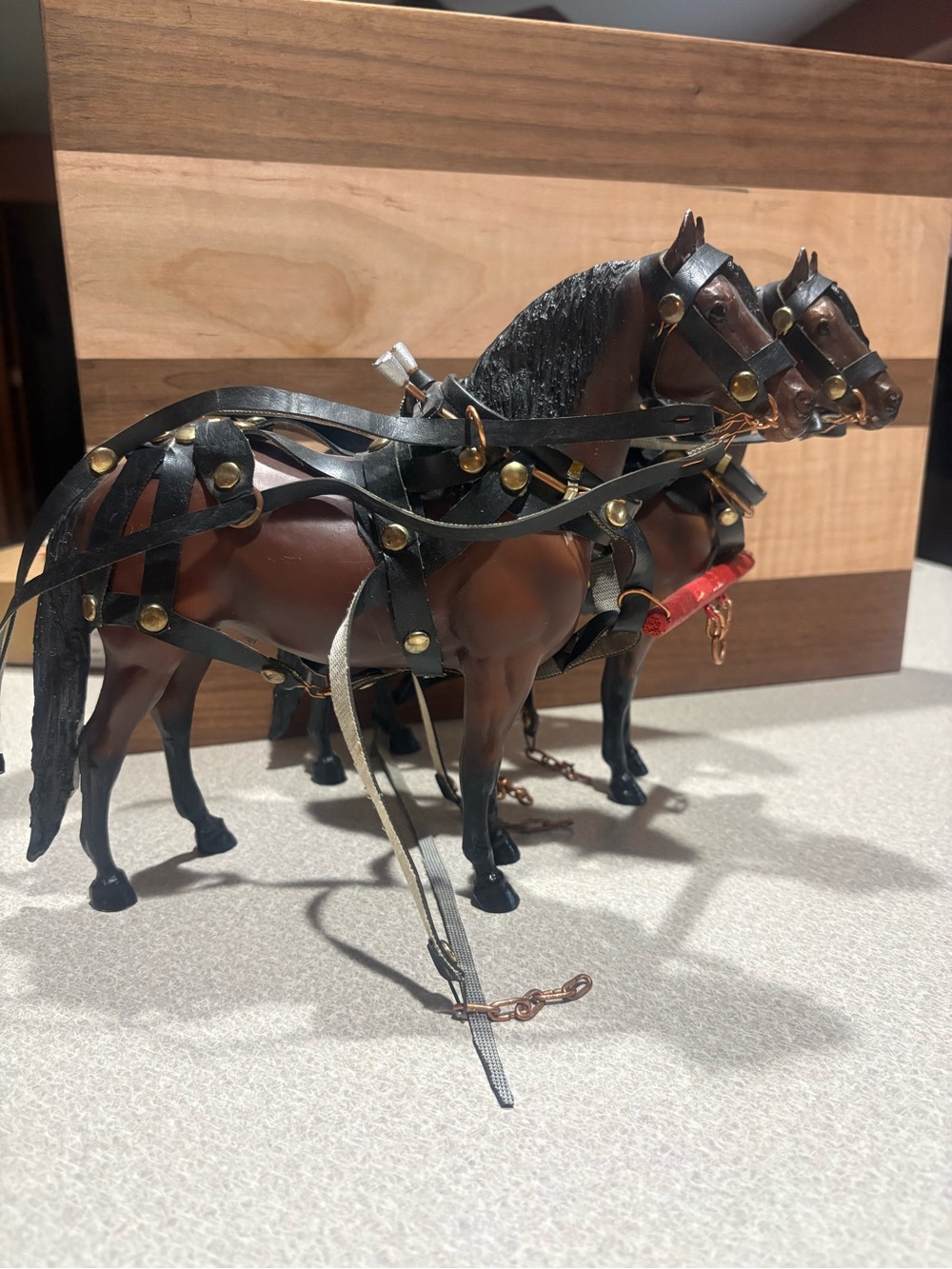 Vintage-Style Brown Pair of Harnessed Horses Figurines